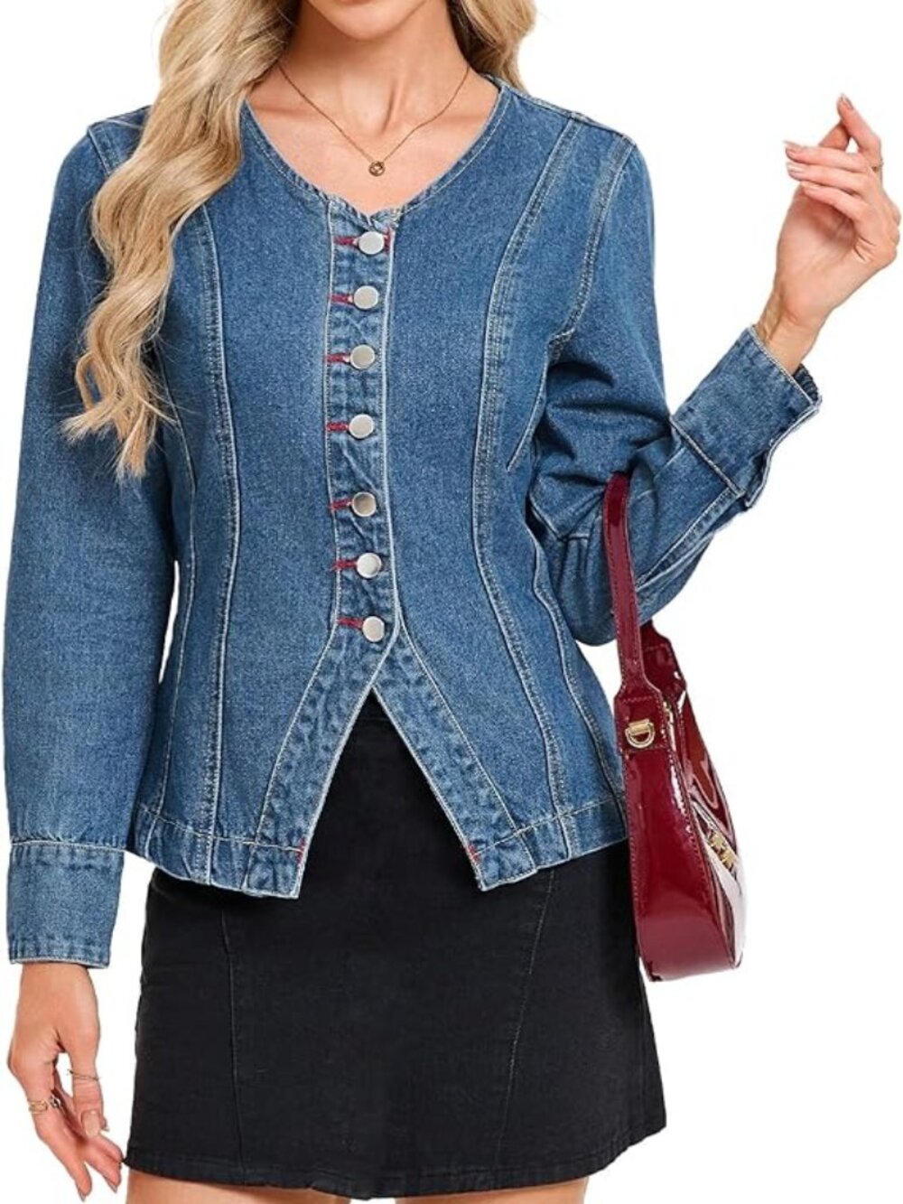 Women's Collarless Denim Jacket Long Sleeve Button‎ Down V-Neck